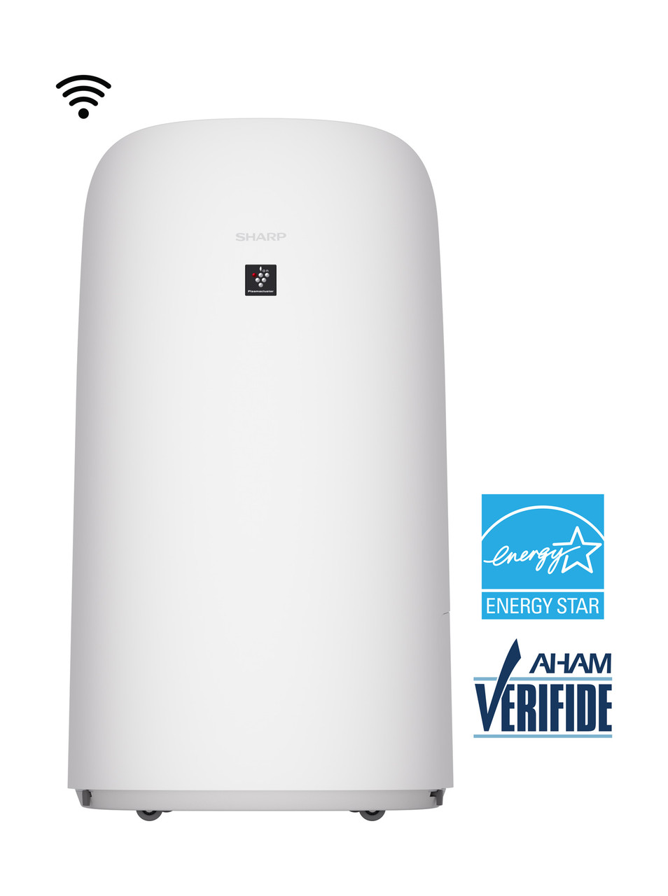 Sharp Plasmacluster Ion Air Purifier with True HEPA + Humidifier (KCP110UW) Head on with badges