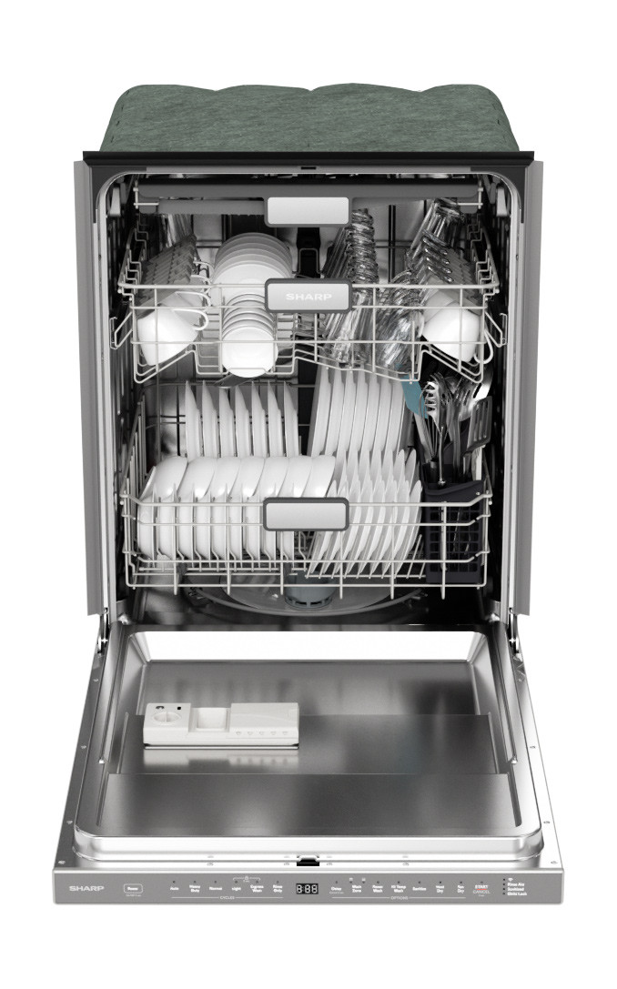 Sharp 24 in. Slide-In Smart Dishwasher (SDW6767HS) head on with dishes