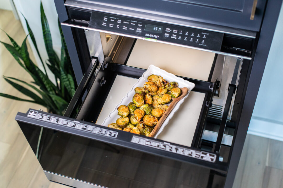 parmesan crusted brussels sprouts in a SHARP microwave drawer oven