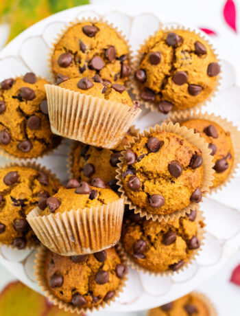pumpkin chocolate chip muffins stacked up