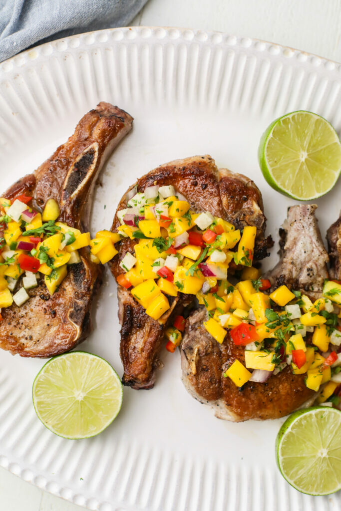 Mango Salsa on Pork Chops that were seared on a Sharp Induction Cooktop (SCH3043GB)