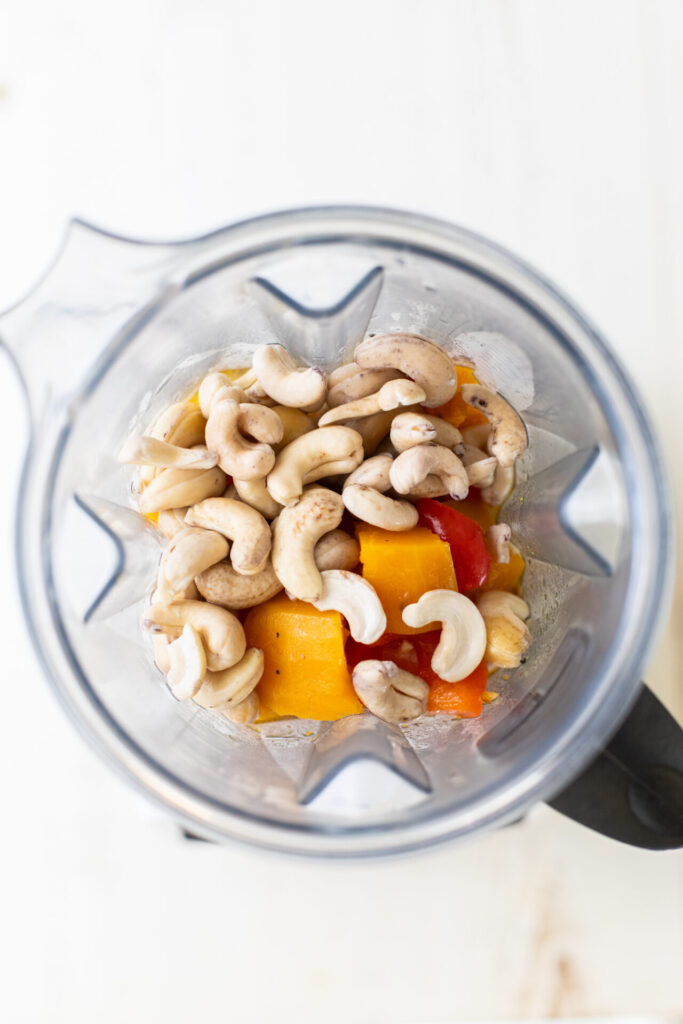 Cashews and soup mixture in a blender