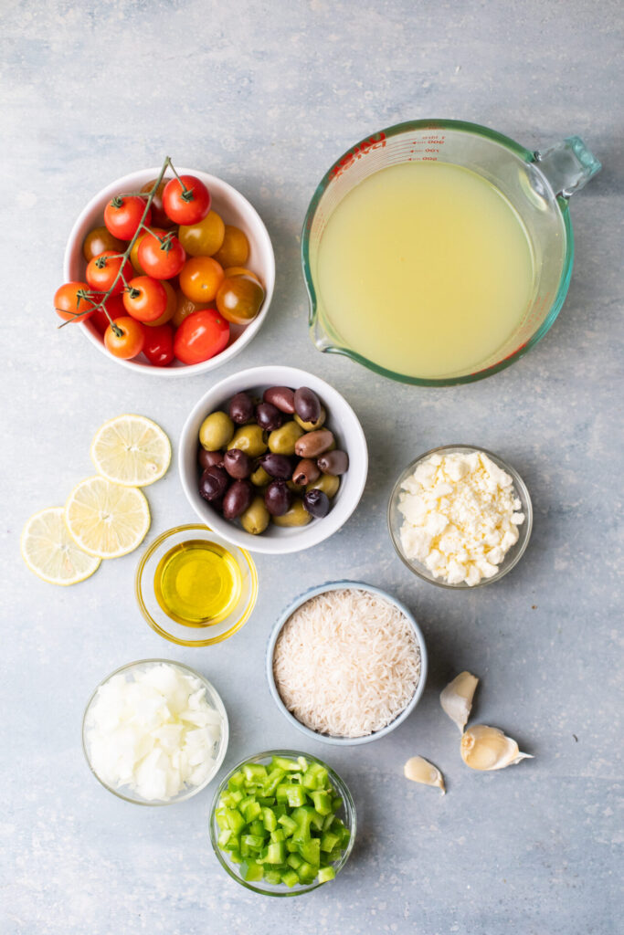 Ingredients for greek chicken and rice meal