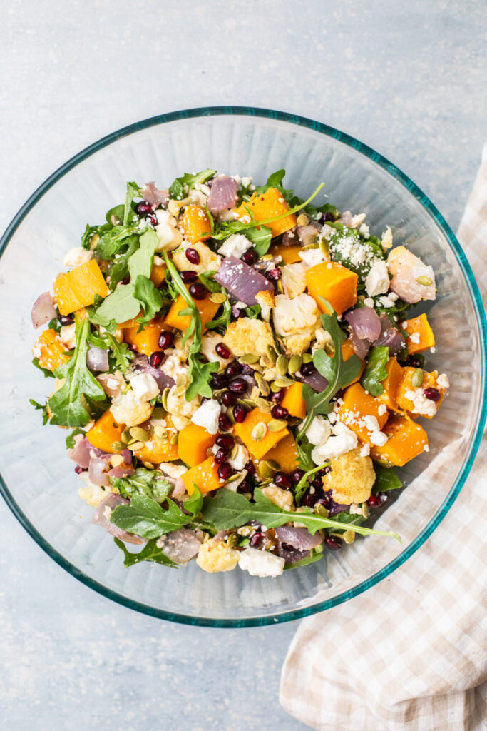 Roasted butternut squash salad in a bowl