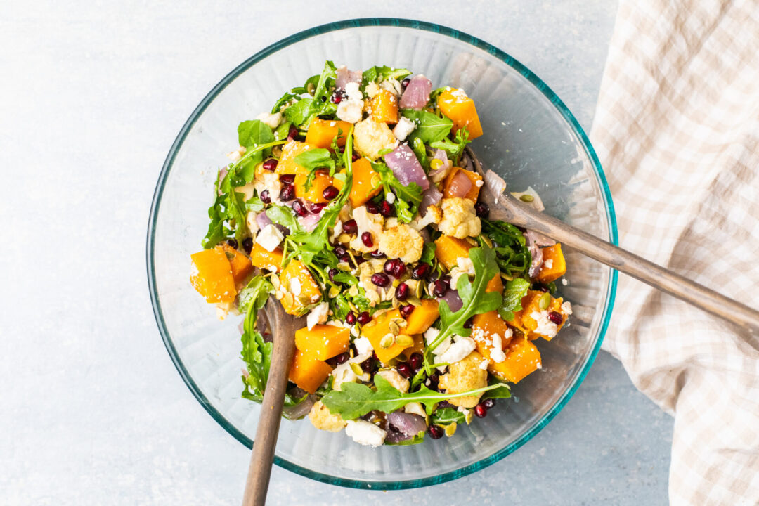 Roasted Butternut Squash and feta salad in a bowl