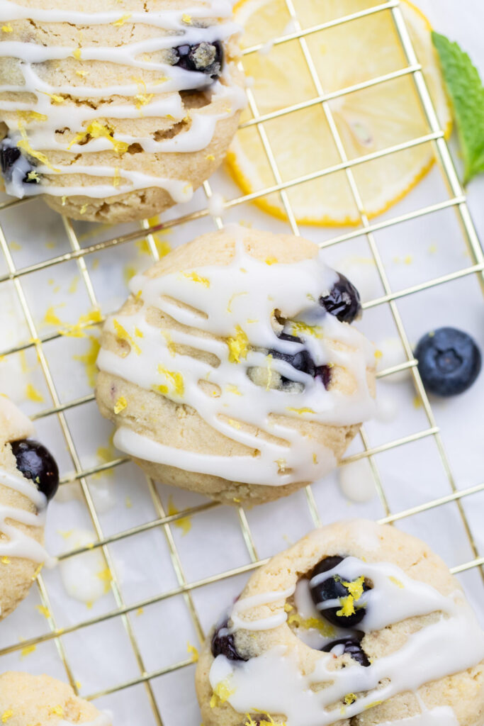 Lemon blueberry cookies on a cooling tray