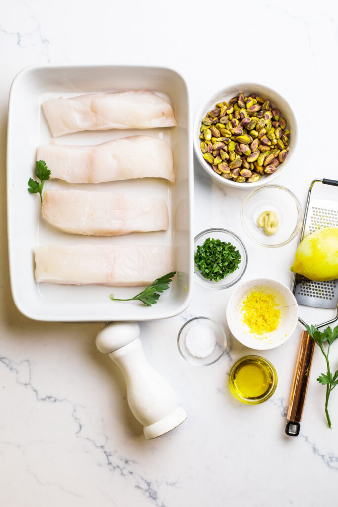 Ingredients for pistachio crusted halibut 