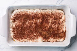 shows dusting the yogurt mixture with cocoa powder.