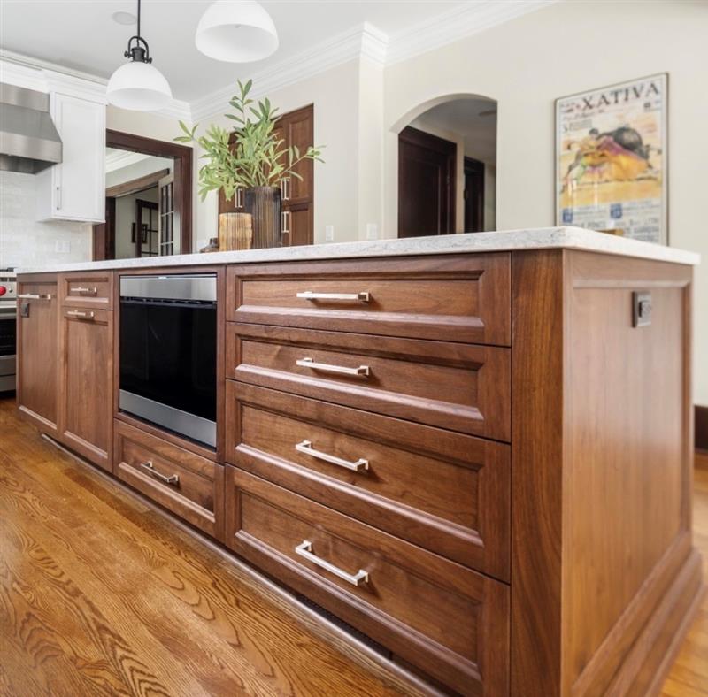 Sharp Microwave Drawer Oven (SMD2499FS) in a kitchen island in a 1920's inspired kitchen