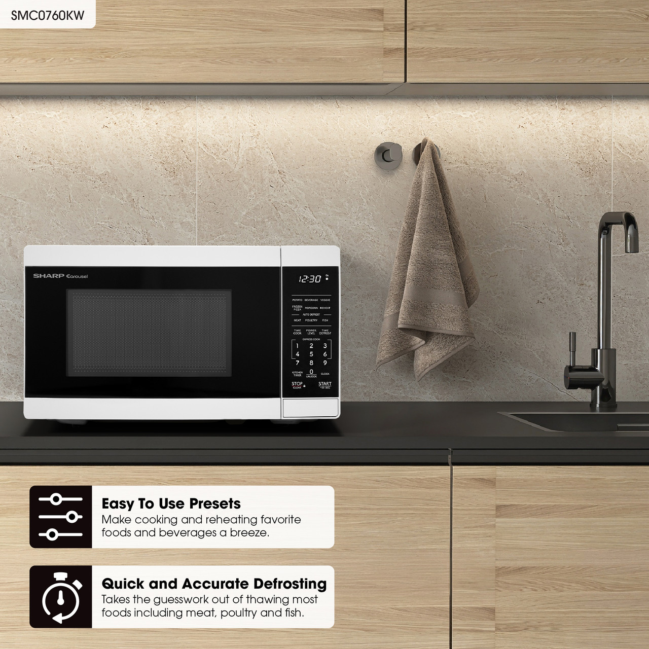 0.7 cu. ft. 700W White Carousel Countertop Microwave Oven (SMC0760KB) infographic