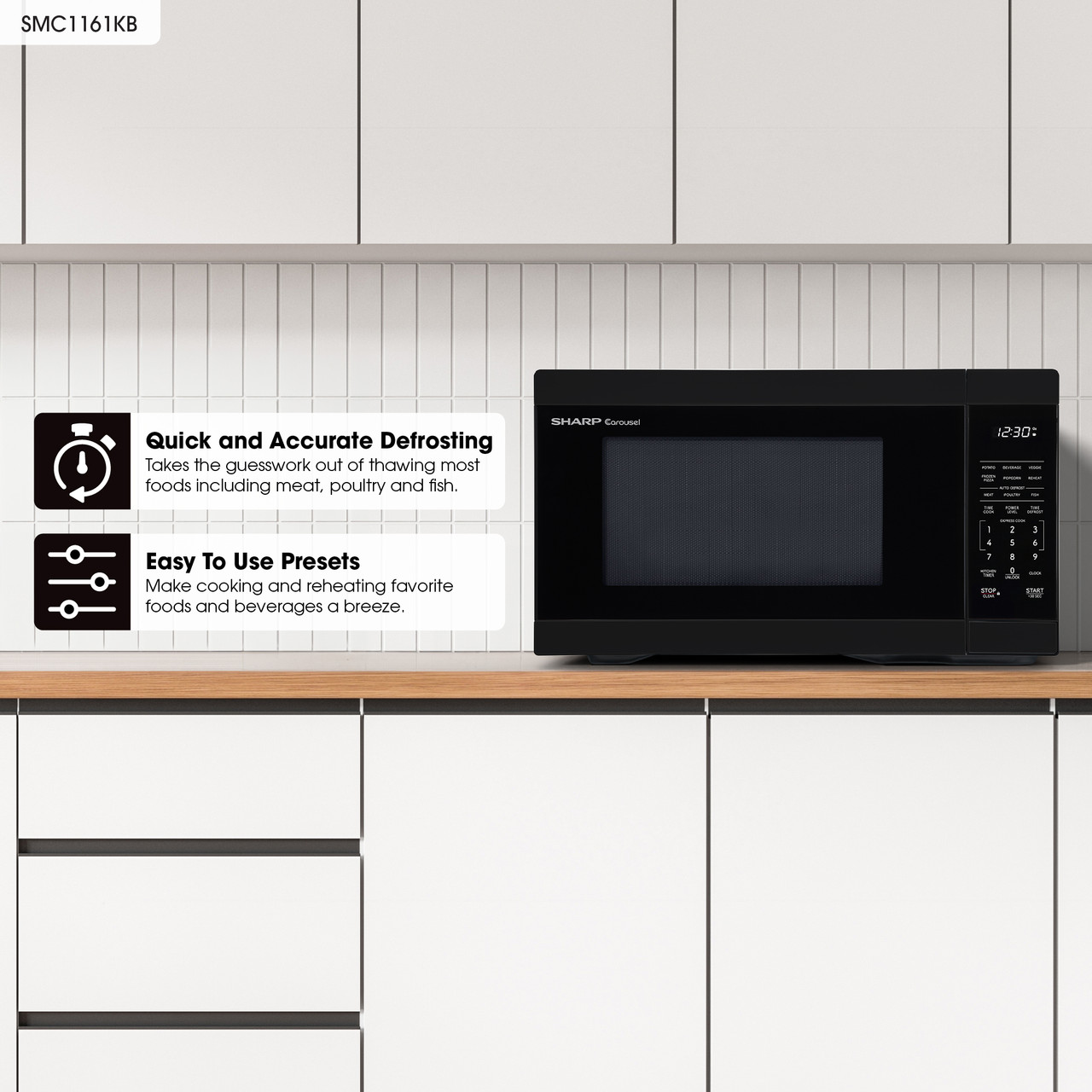 1.1 cu. ft. Black Carousel Countertop Microwave Oven (SMC1161KB) infographic