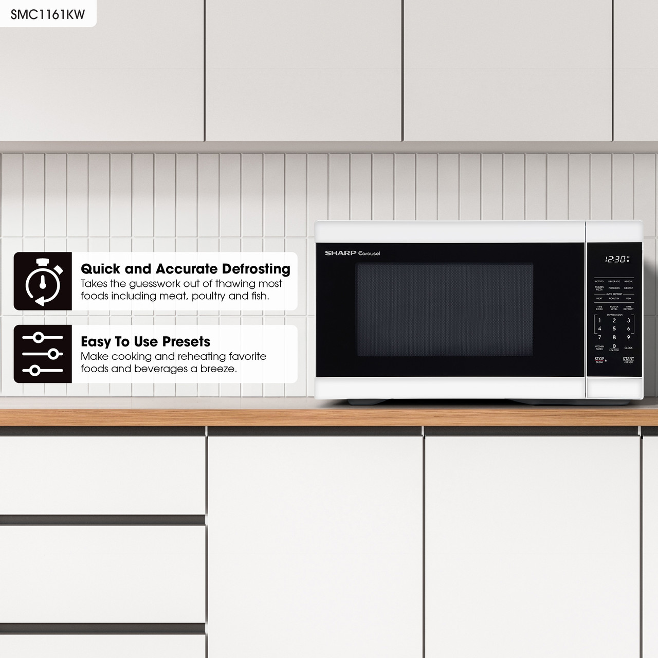 1.1 cu. ft. White Carousel Countertop Microwave Oven (SMC1161KW) infographic
