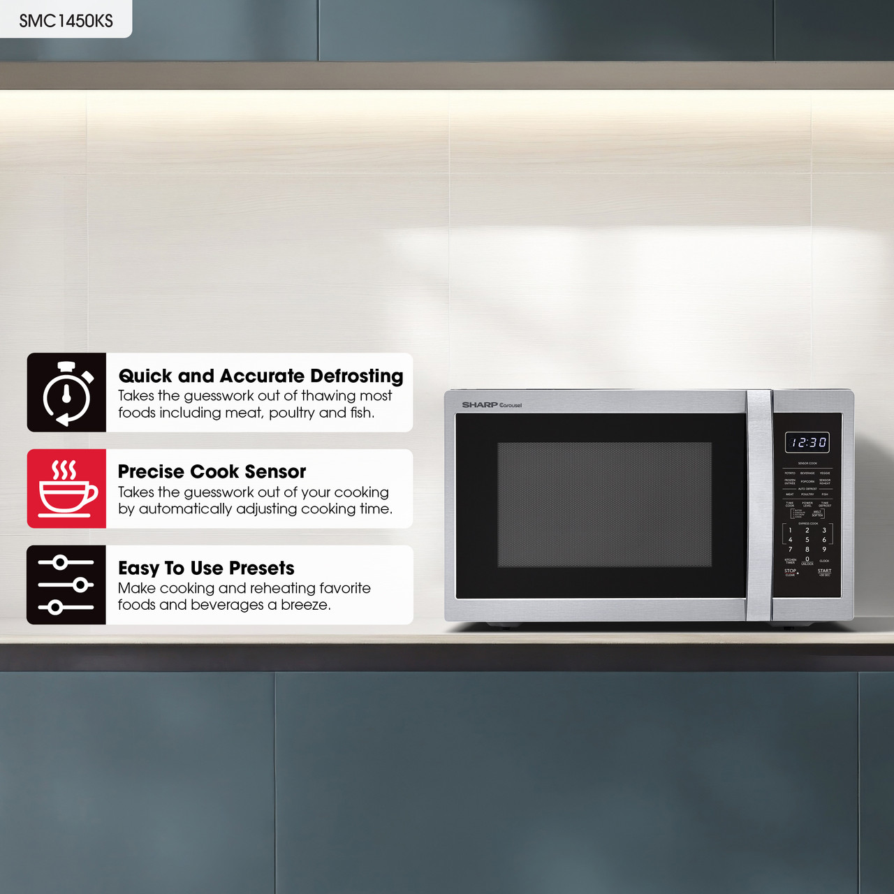Sharp 1.4 cu. ft. Carousel Countertop Microwave (SMC1450KS) infographic