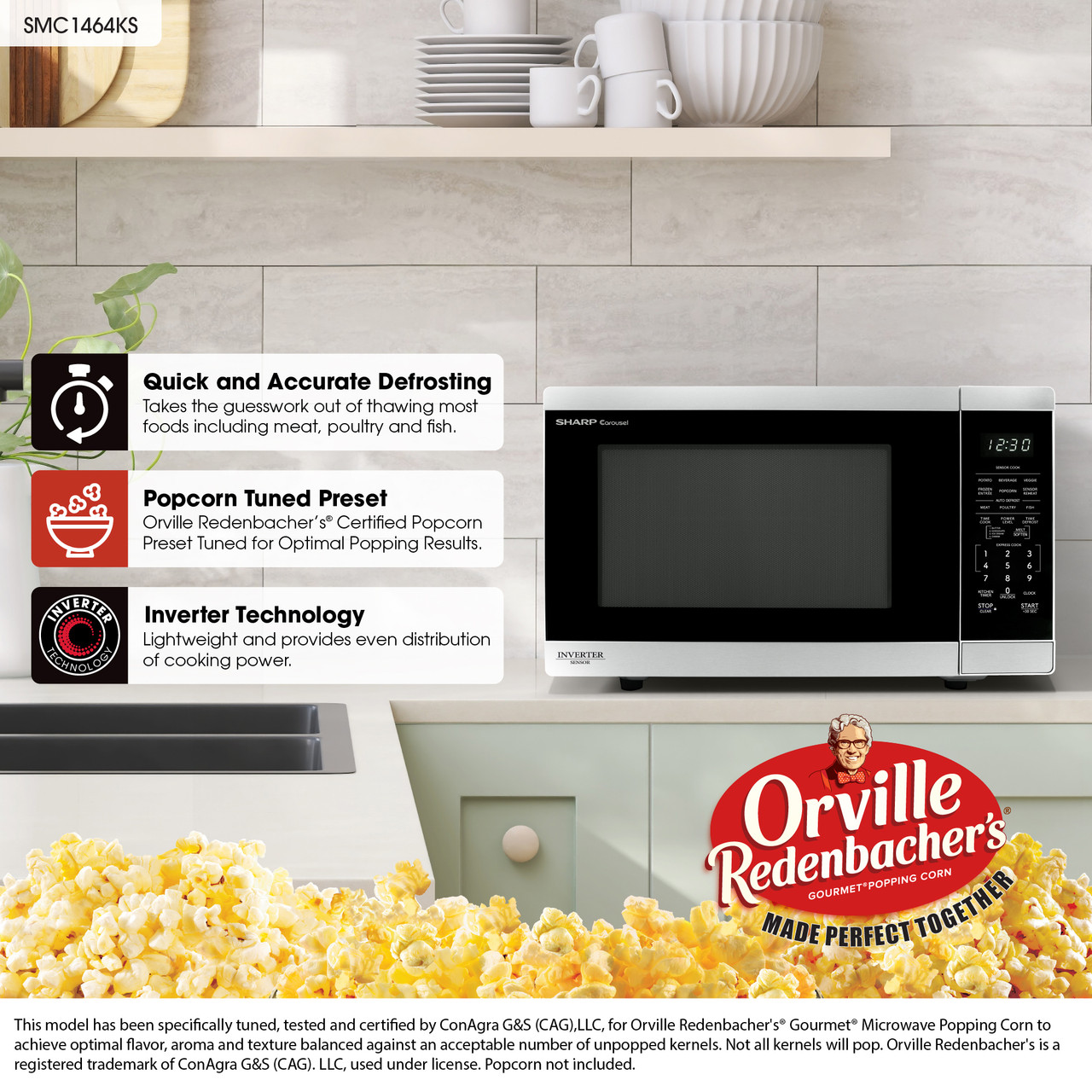 Sharp 1.4 cu. ft. 1100W Stainless Steel Countertop Microwave Oven with Inverter Technology (SMC1464KS) infographic cobranded