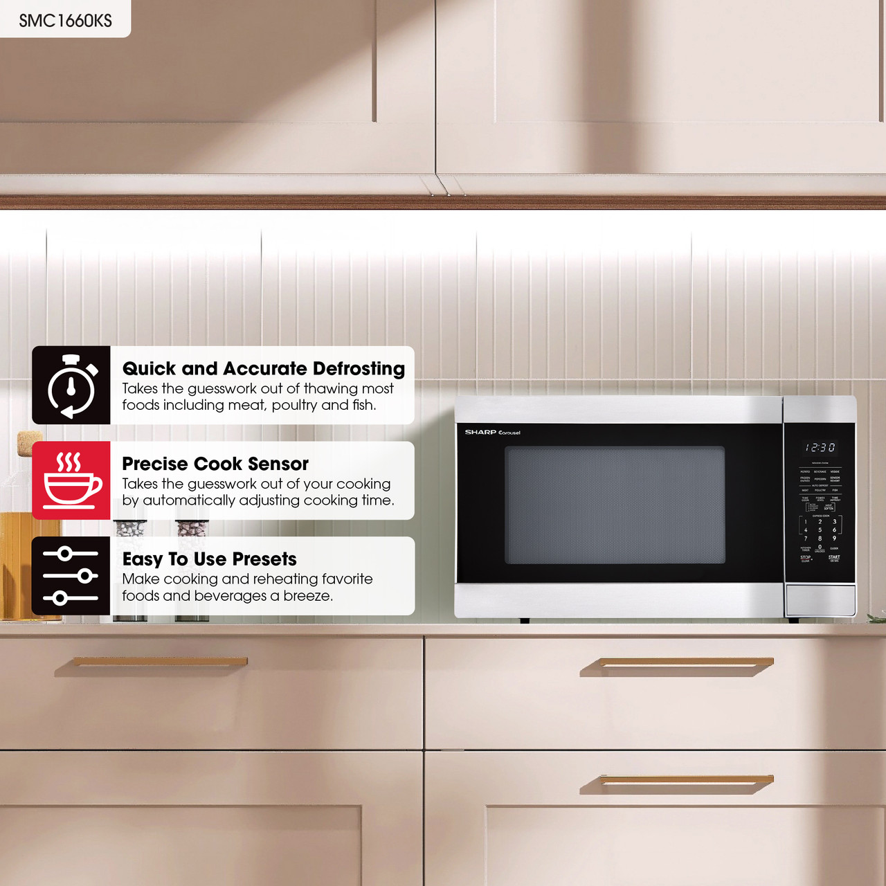 Sharp 1.6 cu. ft. Carousel Countertop Microwave Oven (SMC1660KS) infographic