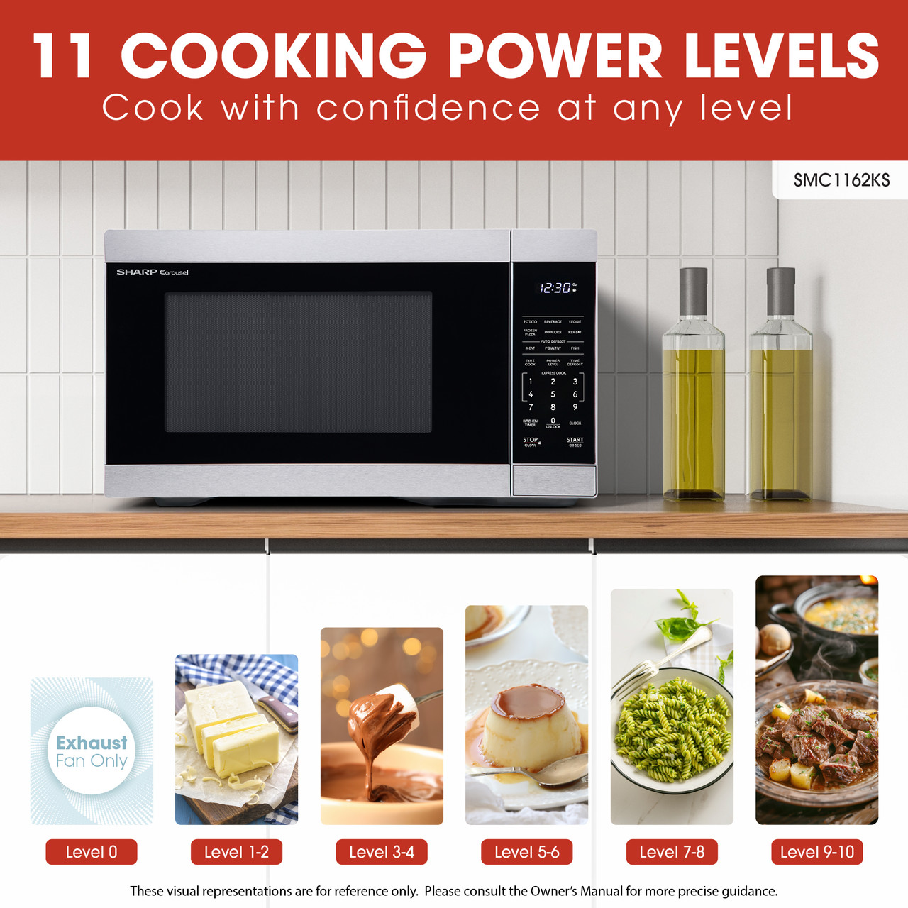1.1 cu. ft. Stainless Steel Carousel Countertop Microwave (SMC1162KS) cooking power levels infographic
