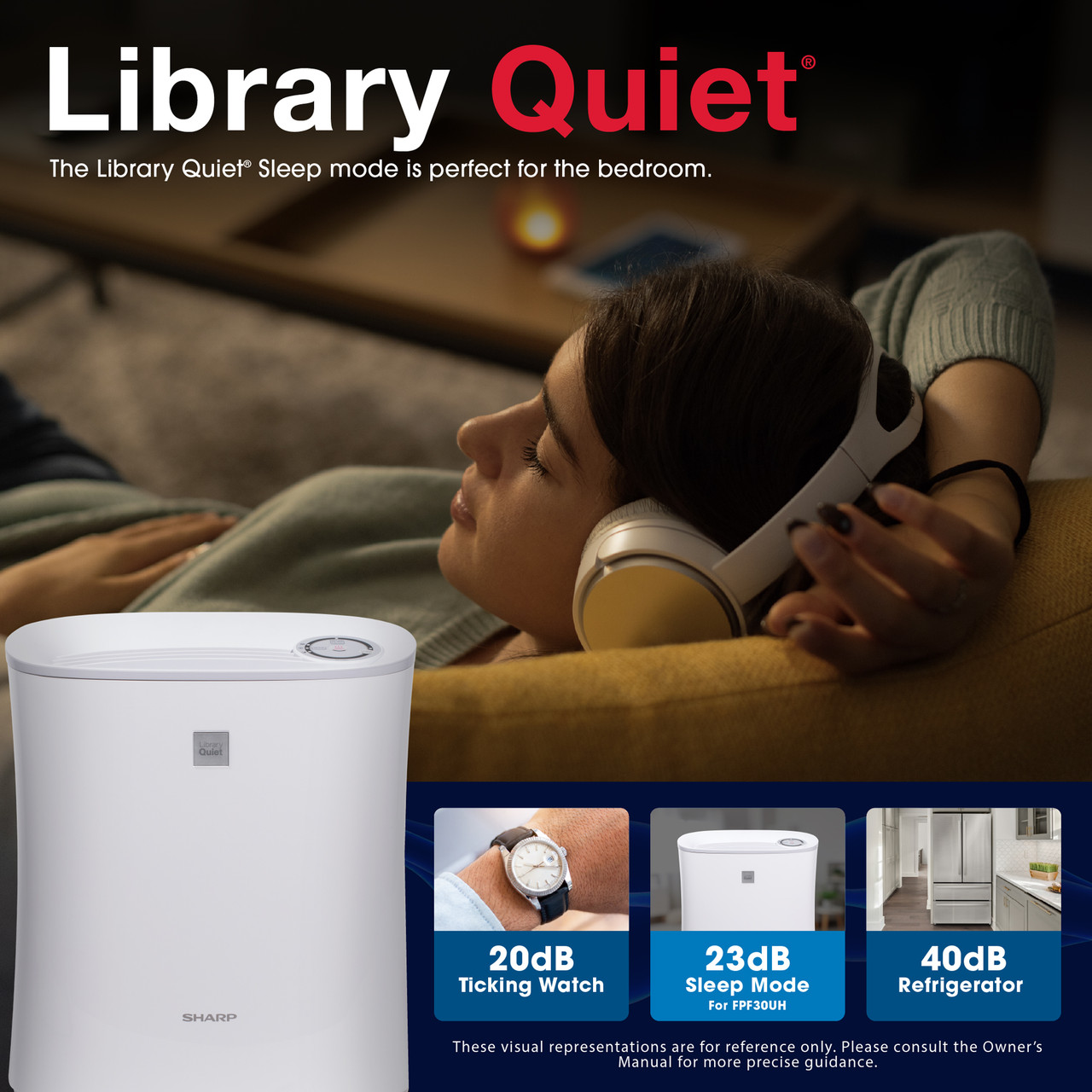 Library Quiet
The Library Quiet® Sleep mode is perfect for the bedroom.
20dBTicking Watch
23dB Sleep Mode for FPF30UH
40dB Refrigerator
These visual representations are for reference only. Please consult the Owner's Manual for more precise guidance.
FPF30UH