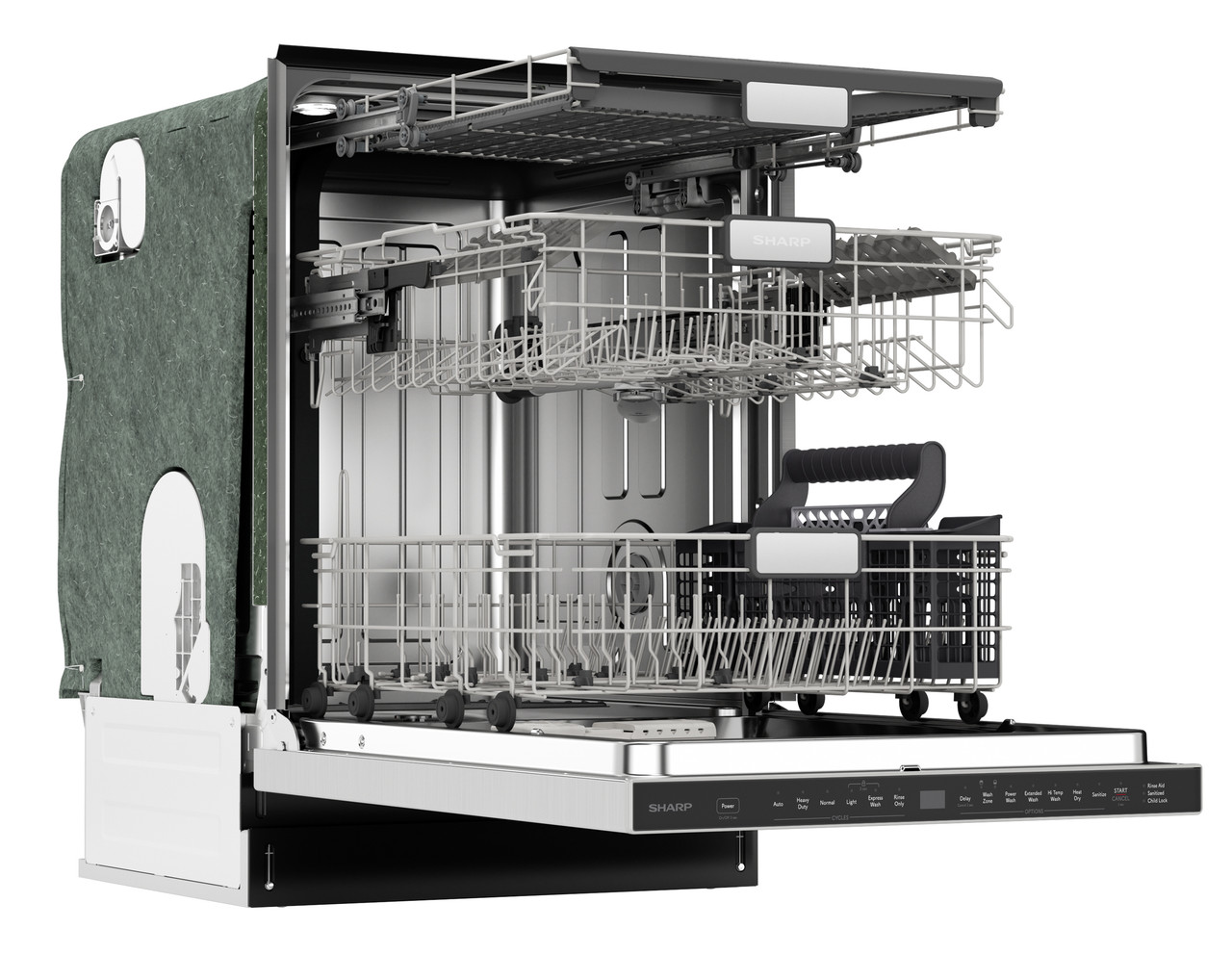 Sharp 24 in. Slide-In Stainless Steel Pocket Dishwasher (SDW6747GS) - Left View Interior Shot