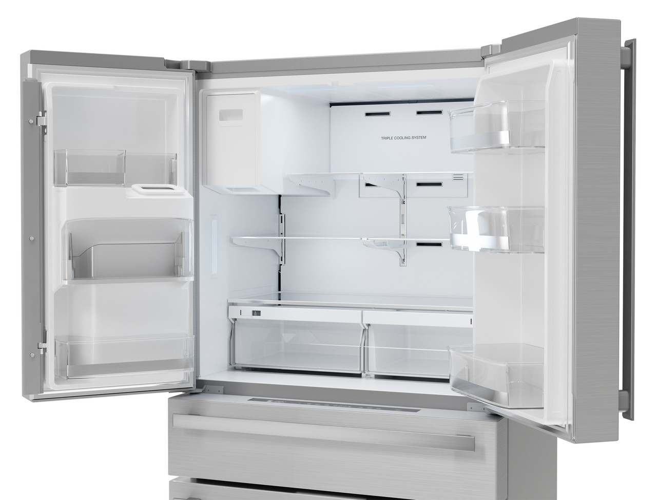 Sharp French 4-Door Counter-Depth Refrigerator with Water Dispenser (SJG2254FS) - left angle view with doors open