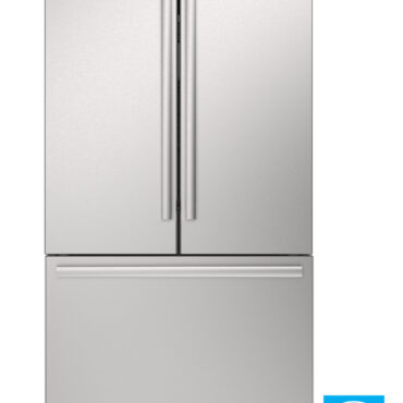 26.5 cu.ft. Counter Depth 36 in. French 3-Door Refrigerator with Internal Water Dispenser in Stainless Steel (SJF2752MS) Head On with Badge