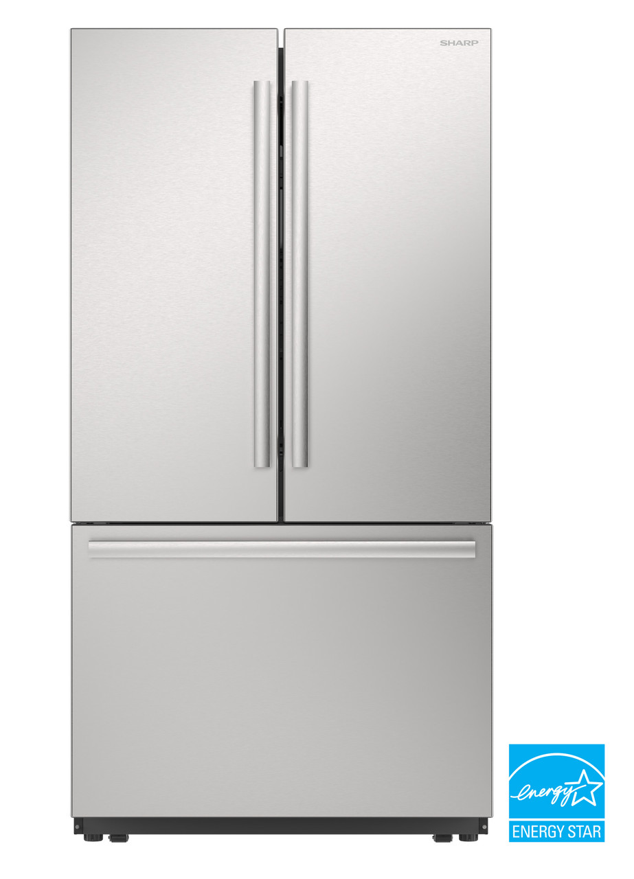 26.5 cu.ft. Counter Depth 36 in. French 3-Door Refrigerator with Internal Water Dispenser in Stainless Steel (SJF2752MS) Head On with Badge