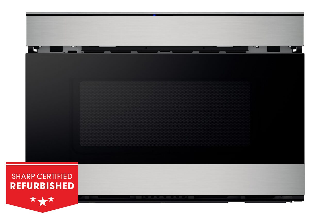 24 in. Sharp Stainless Steel Smart Microwave Drawer Oven (SMD2489ES) head on with refurbished badge