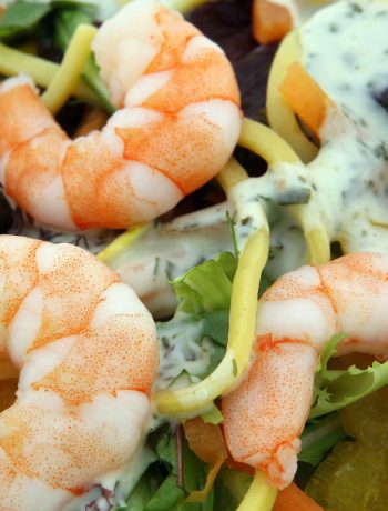 Shrimp and pasta close up.