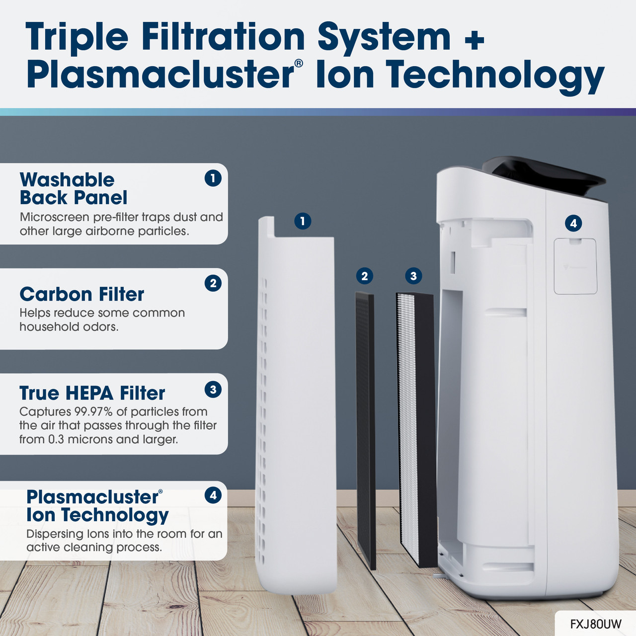 Triple Filtration System + Plasmacluster Ion Technology
Washable Back Panel
Microscreen pre-filter traps dust and other large airborne particles.
Carbon Filter
Helps reduce some common household odors.
True HEPA Filter
Captures 99.97% of particles from the air that passes through the filter from 0.3 microns and larger.
Plasmacluster Ion Technology
Dispersing lons into the room for an active cleaning process.
FXJ80UW