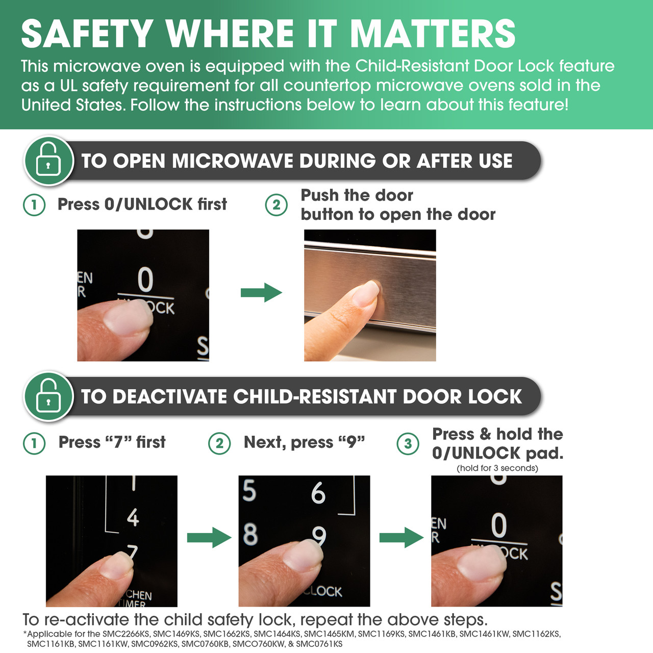 0.7 cu. ft. 700W Black Carousel Countertop Microwave Oven (SMC0760KB) child-resistant door lock infographic