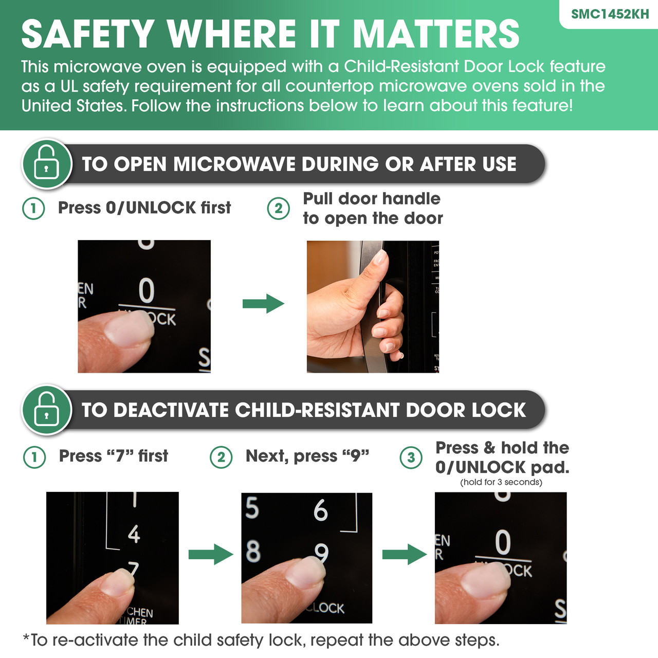 1.4 cu. ft. Black Stainless Steel Carousel Countertop Microwave (SMC1452KH) child-resistant door lock infographic