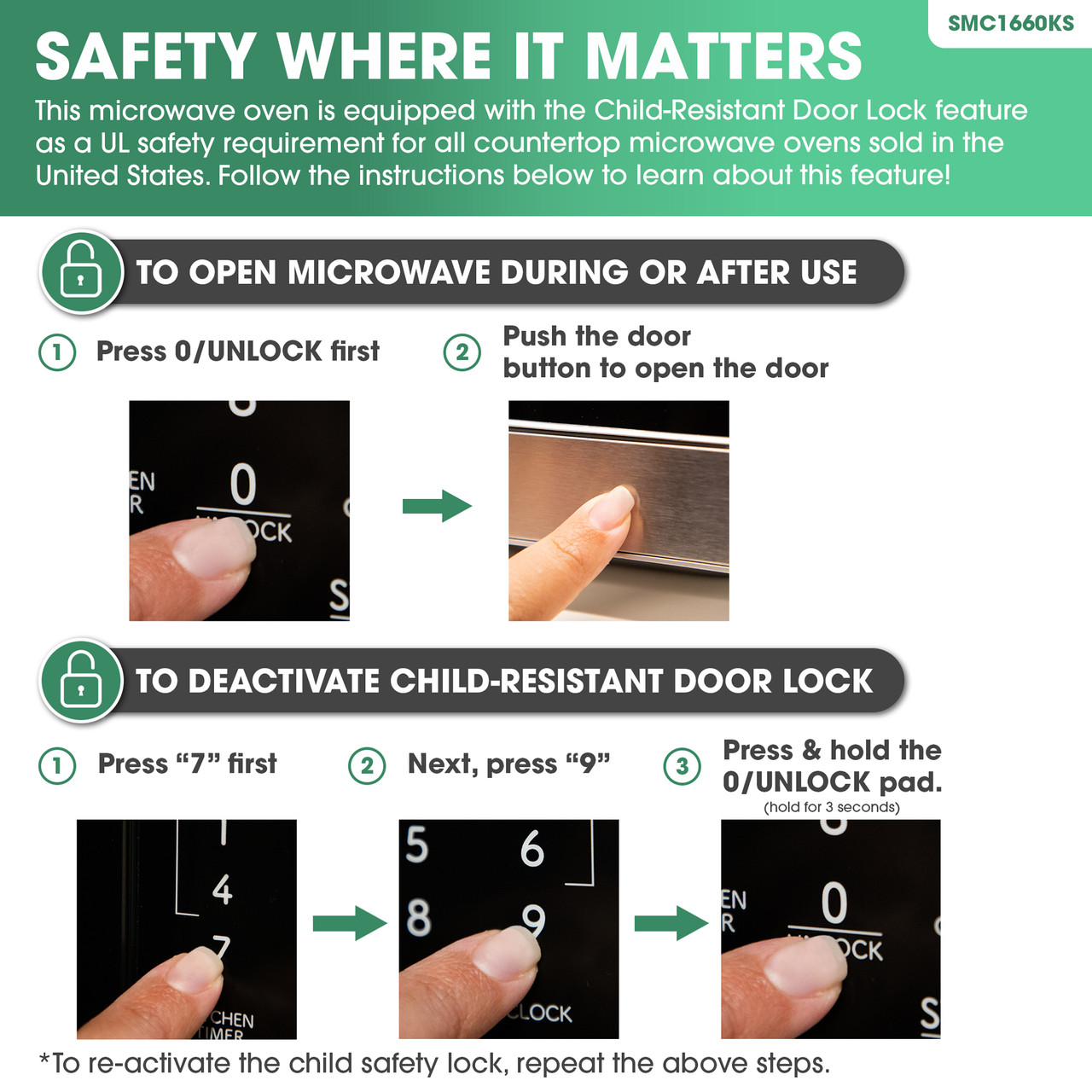 Sharp 1.6 cu. ft. Carousel Countertop Microwave Oven (SMC1660KS) child-resistant door lock infographic