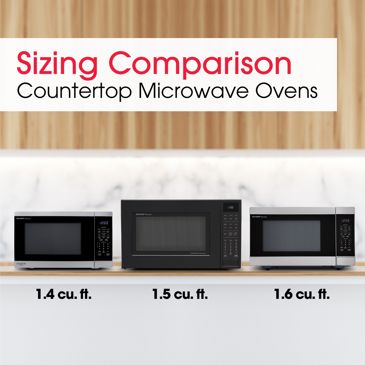 Sharp 1.4 cu. ft. 1100W Stainless Steel Countertop Microwave Oven with Inverter Technology (SMC1464KS) size comparison infographic
