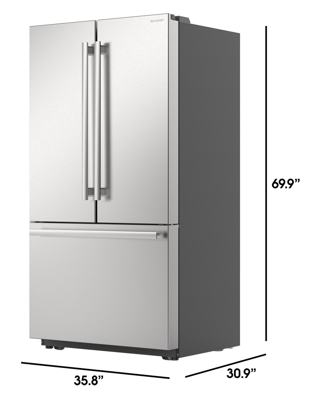 26.5 cu.ft. Counter Depth 36 in. French 3-Door Refrigerator with Internal Water Dispenser in Stainless Steel (SJF2752MS) Dimensions