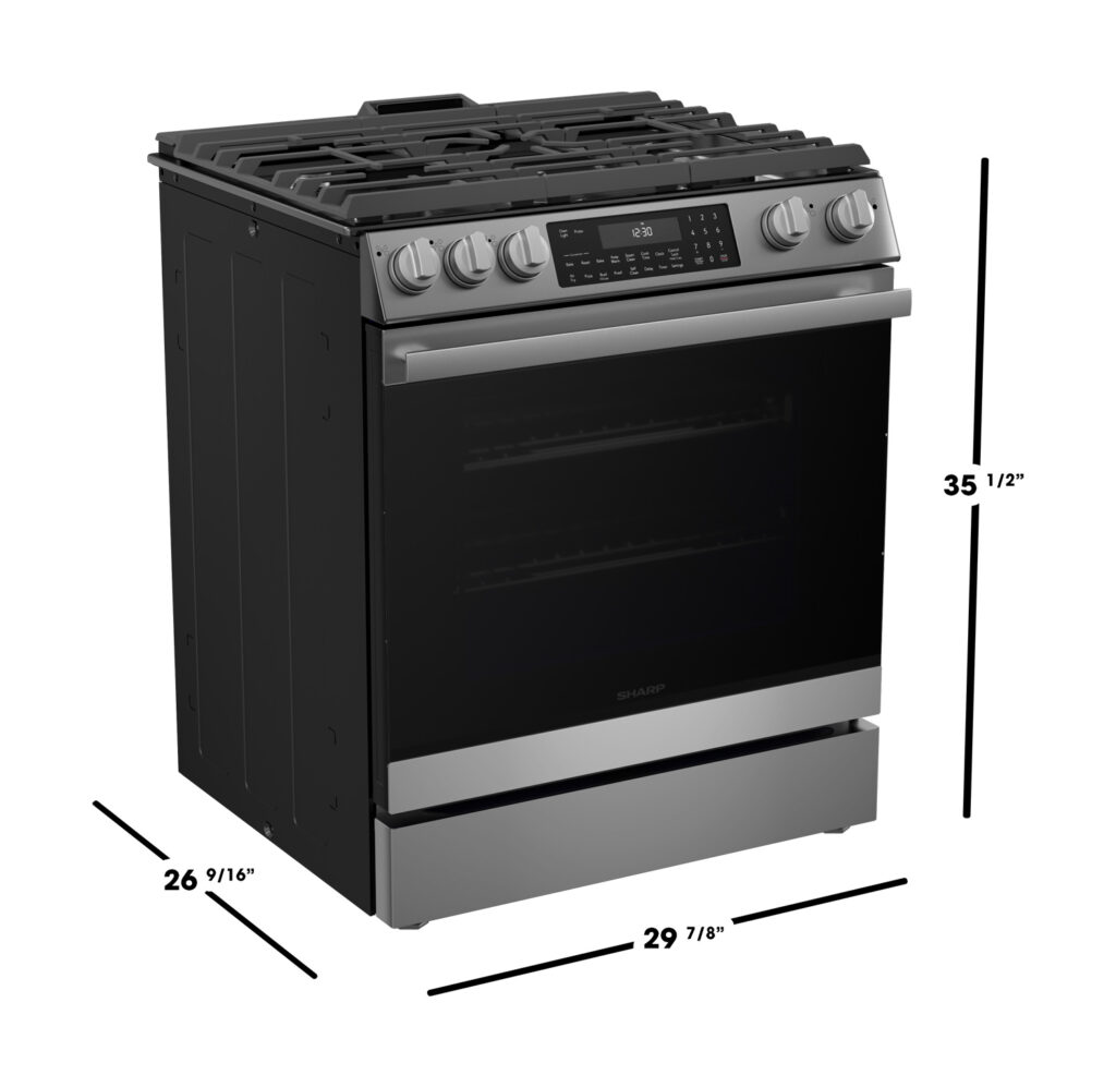 Sharp Gas Range SSG3065JS with product dimensions of the height, width, and length
