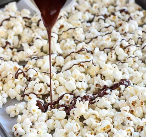 Popcorn with chocolate syrup