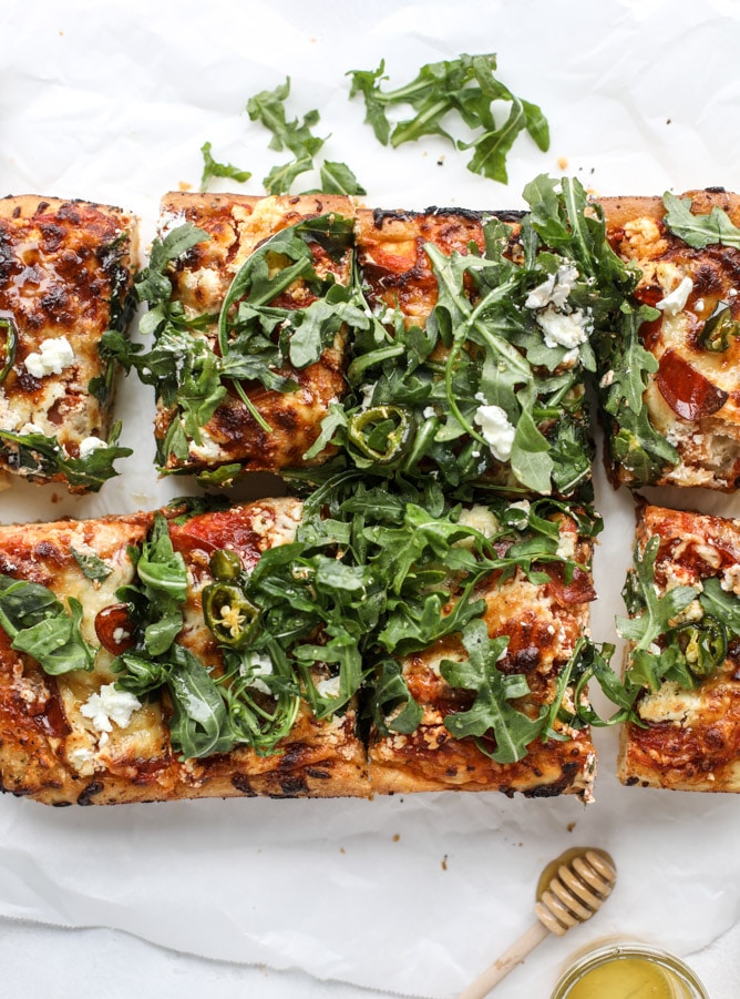 Pepperoni pizza in square slices