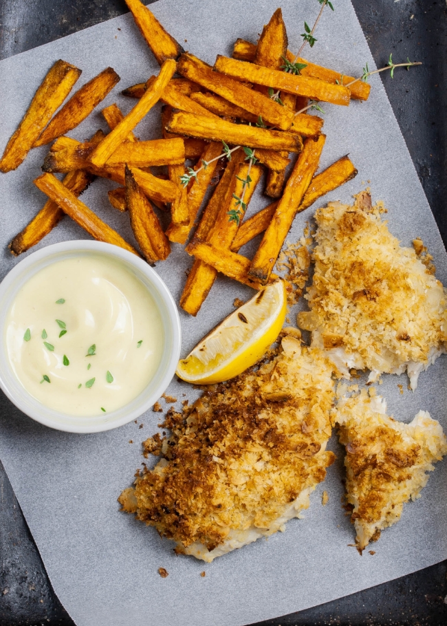 Steam Oven Almond Crumbed Fish With Sweet Potato Chips