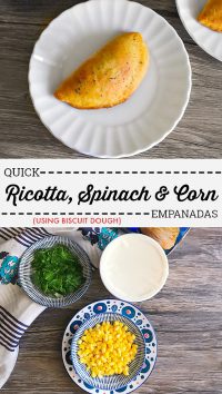 Pinterest cover for Quick Ricotta, Spinach, and Corn Empanadas recipes.