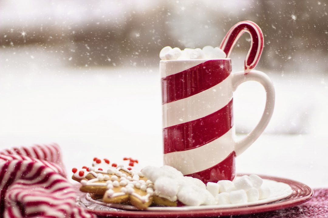 Candy cane mug with hot chocolate and holiday cookies.