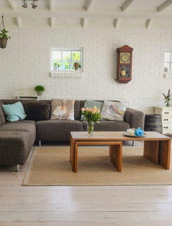 Modern living room design with brick walls.