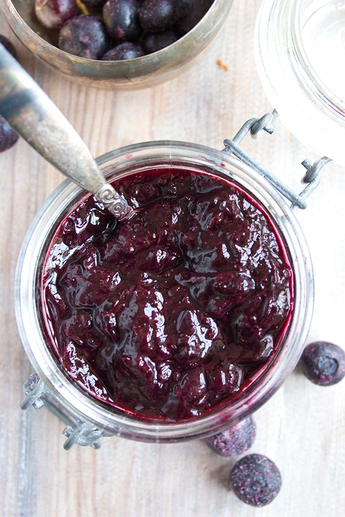 Jar of blueberry jam.