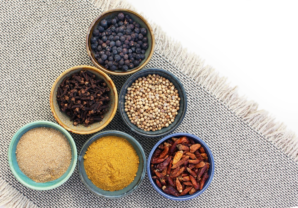 Seasonings and spices in bowls.