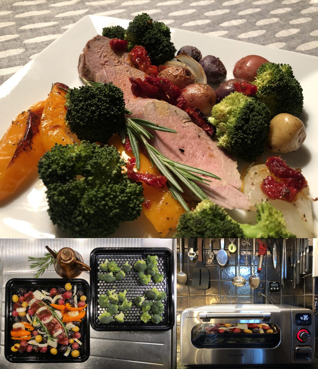 Pork Tenderloin with Sun-dried Tomato, Rosemary, and Roasted Veggies being prepared in a Sharp Supersteam Countertop Oven.