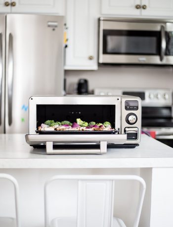 Sharp Supersteam Countertop Oven on a white kitchen island.