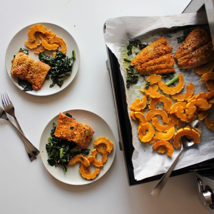 Turmeric Salmon and Delcatta Squash coming out of a Sharp Supersteam Countertop Oven.