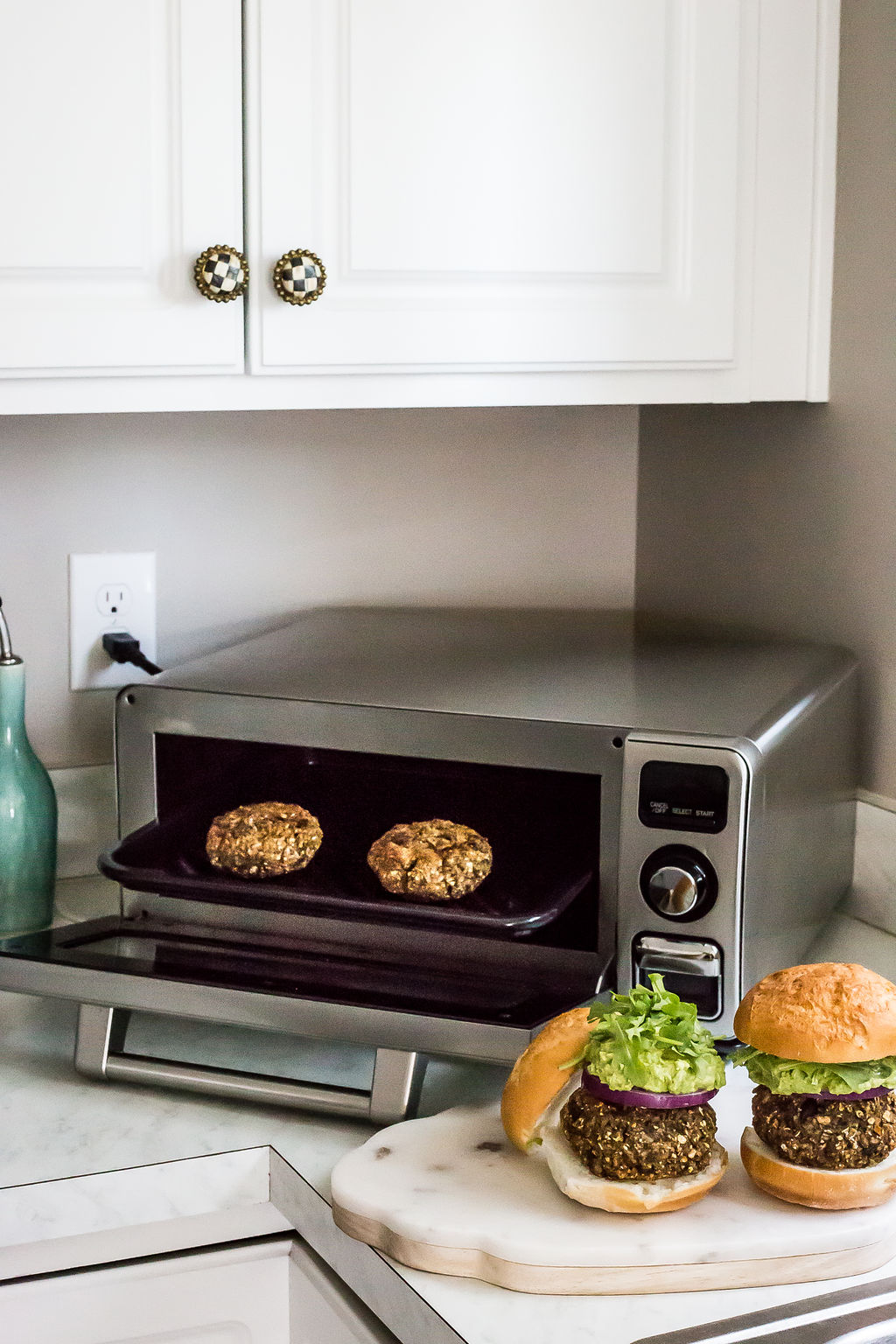 Sweet potato mushroom burgers in a Sharp Supersteam Countertop Oven.