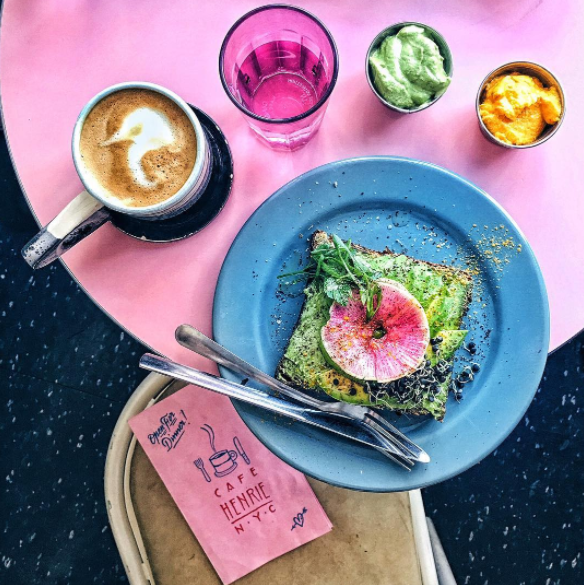 Breakfast ingridients spread across a surface.