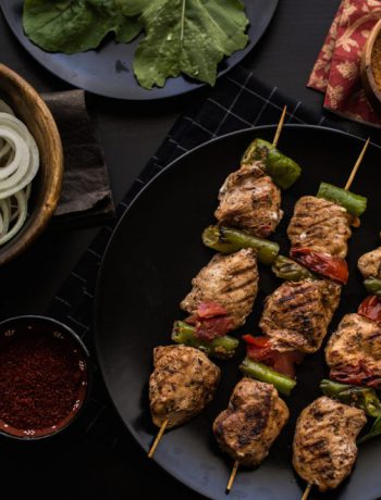 Balsamic Grilled Mushroom Skewers with surrounding ingridients.