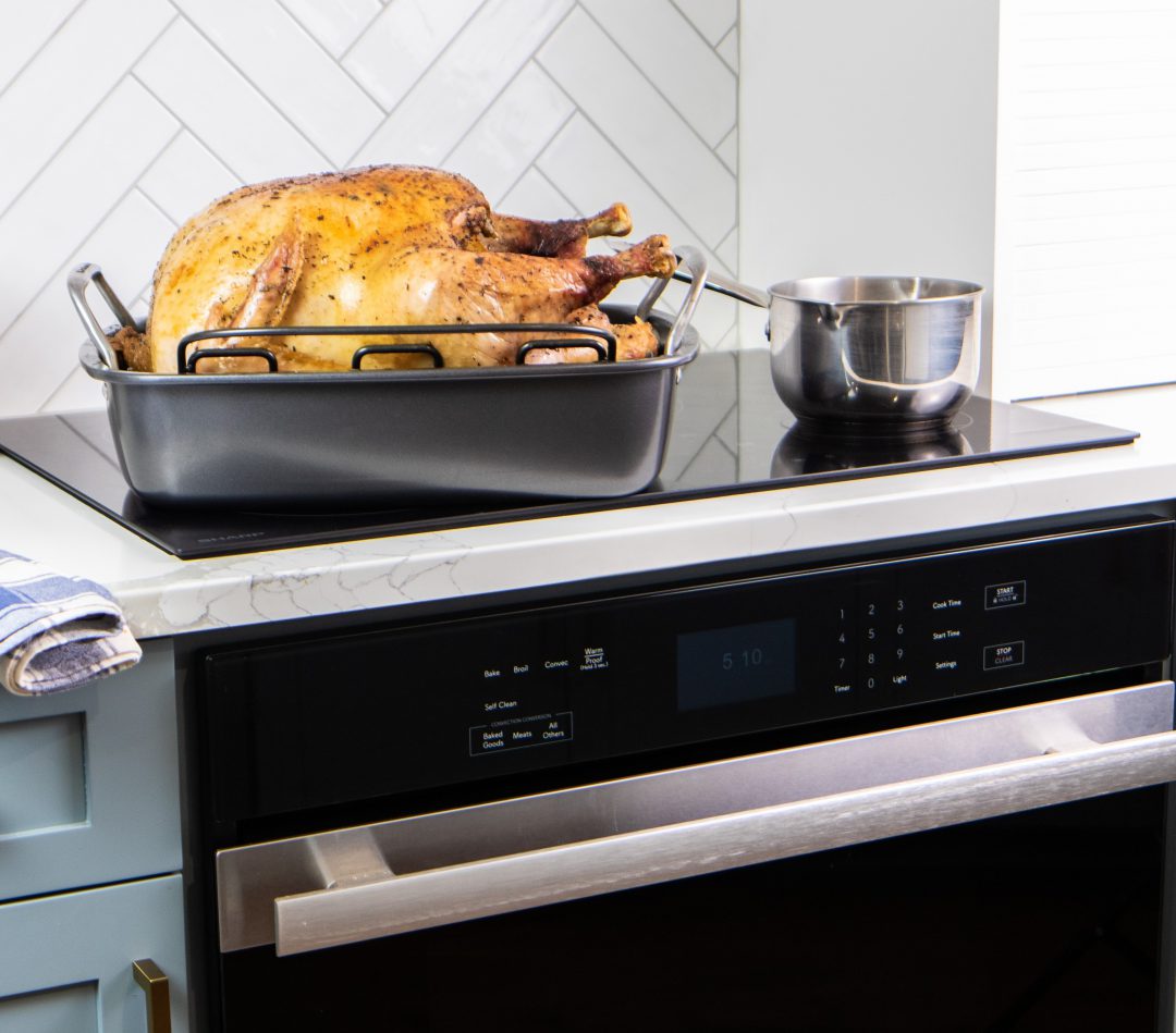 Turkey in a pan on an induction cooktop.