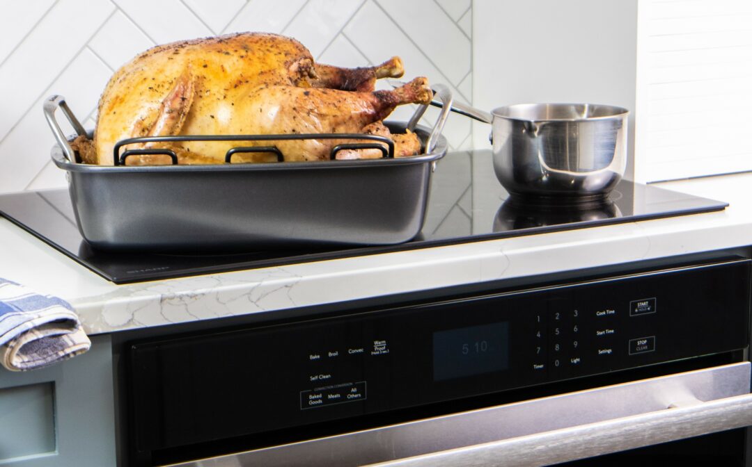 Turkey in a pan on an induction cooktop.